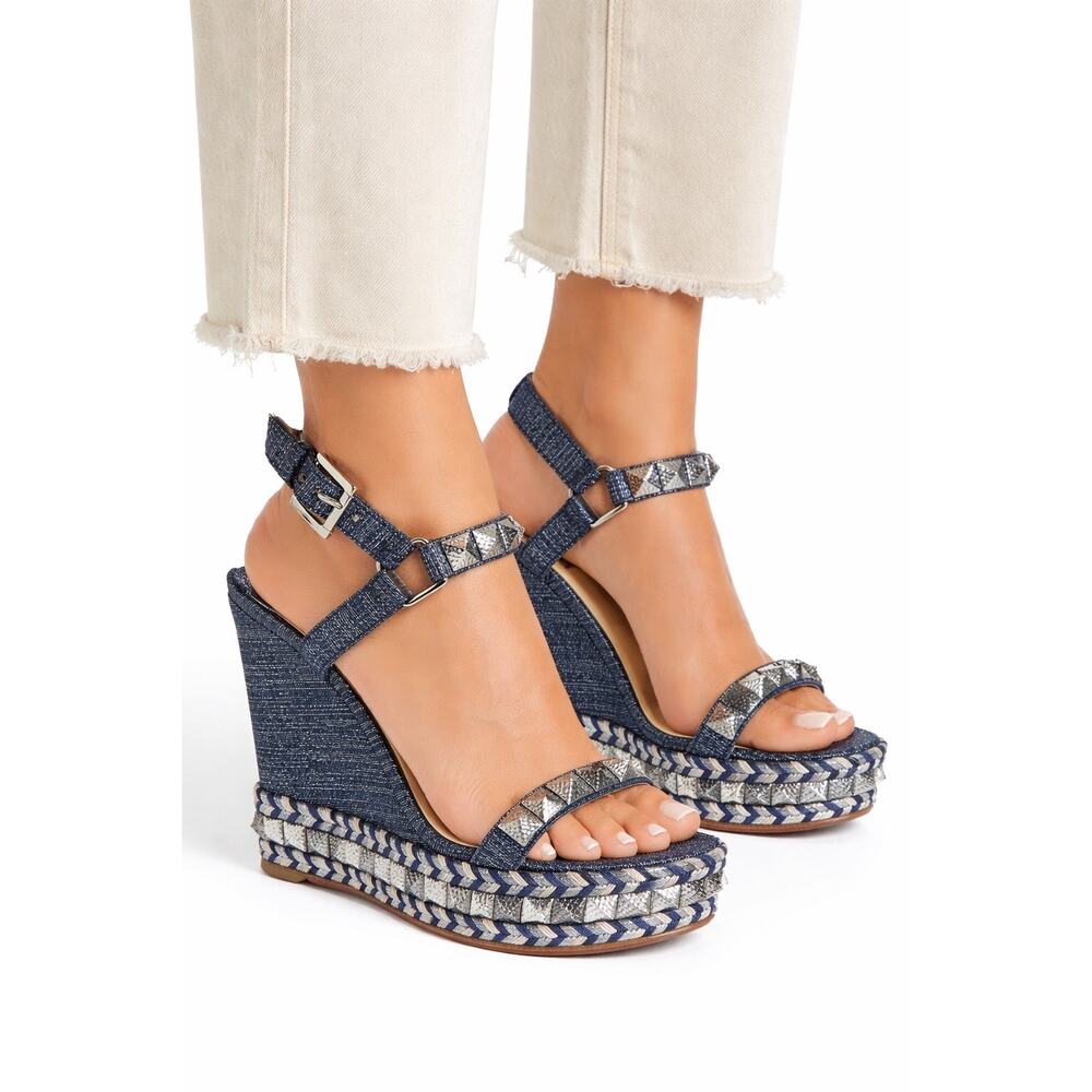 Christian Louboutin Lame Lux Pyraclou 110 Denim Wedge Sandal Blue Size 41 - Picture 2 of 14
